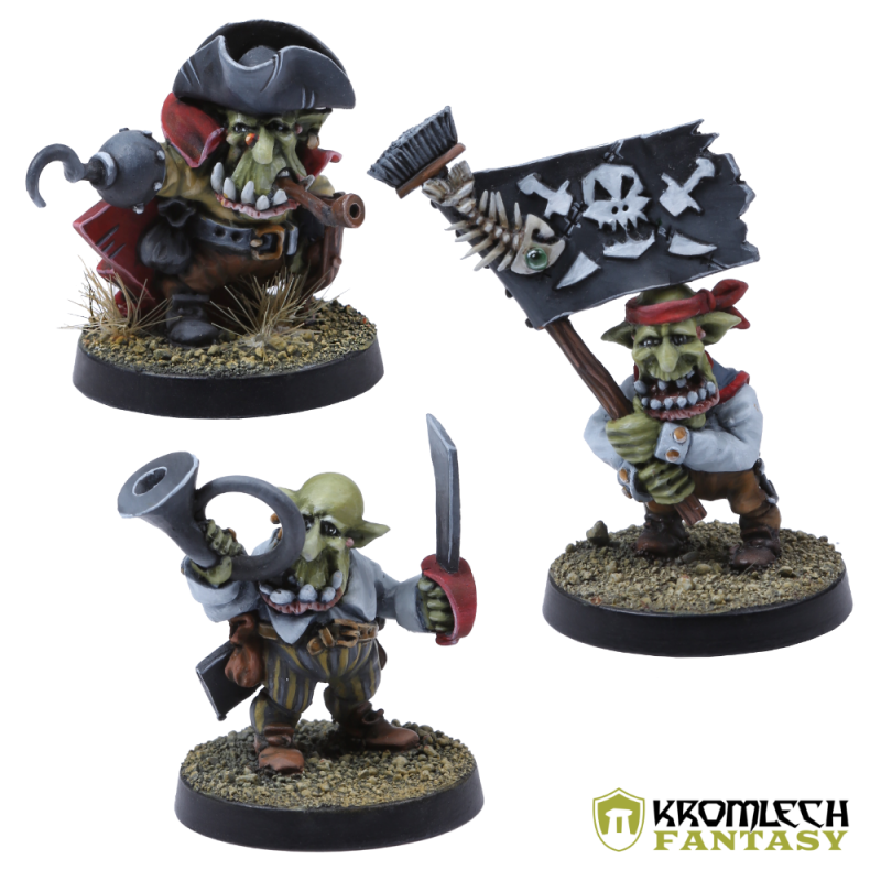 Command group: hook-handed first mate, flag bearer with skull banner and a horn player