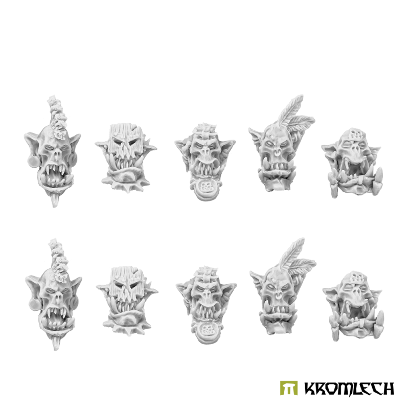 All ten savage orc heads in pale unpainted resin, five designs twice