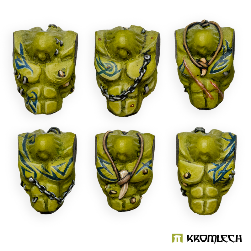Kromlech Savage Orcs Torsos, all six painted: green skin, blue tribal tattoos, chains and fang necklaces