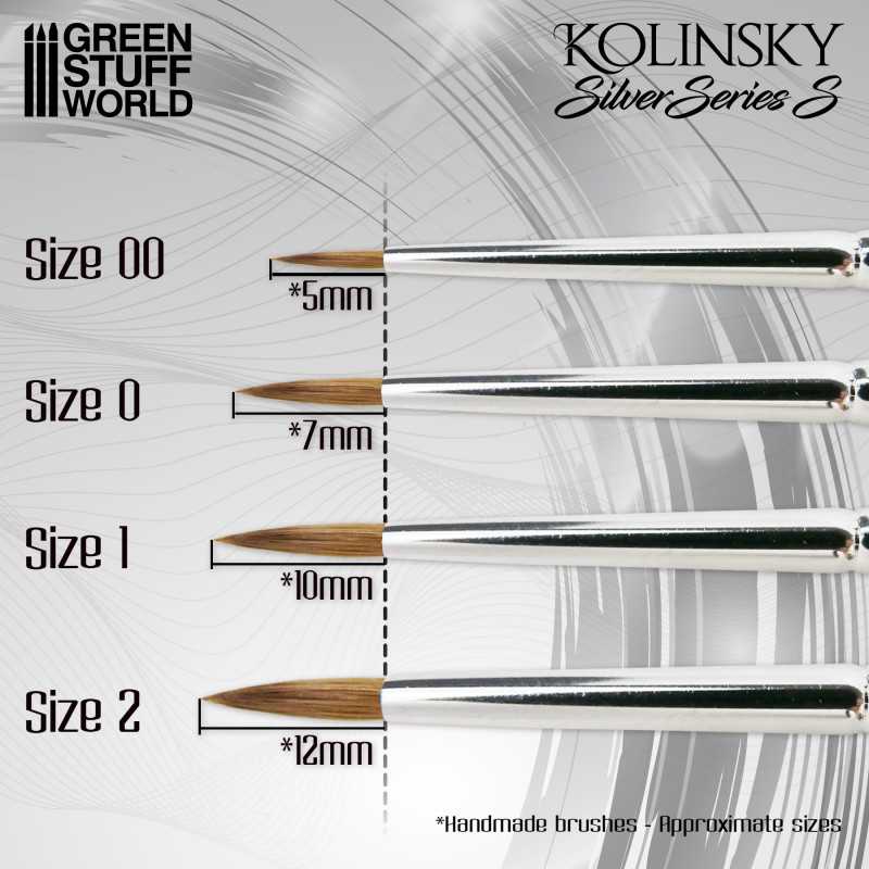 Close-up of Silver Series S Kolinsky brushes with short, wide natural bristles