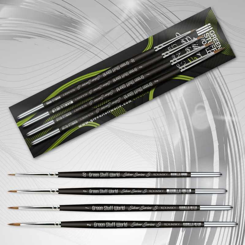 Set of Silver Series S Kolinsky brushes arranged for miniature painting