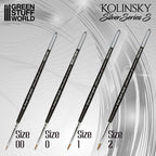 Four Kolinsky Silver Series S brushes of different sizes on a gray background with 'Green Stuff World' branding.