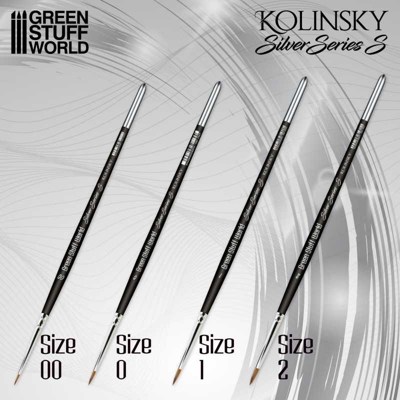 Four Kolinsky Silver Series S brushes of different sizes on a gray background with 'Green Stuff World' branding.