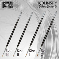Four Kolinsky Silver Series S brushes of different sizes on a gray background with 'Green Stuff World' branding.
