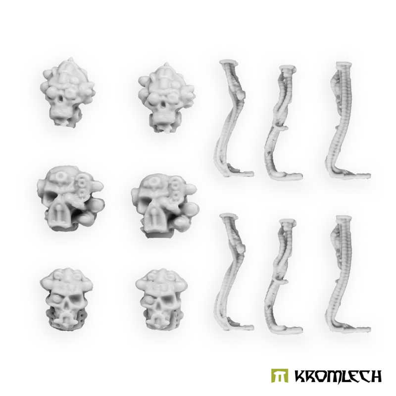 Kromlech Skull Drones: six unpainted resin skulls in three designs, two of each, beside six segmented cables
