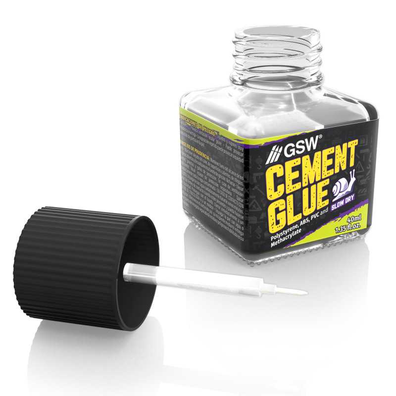 Slow-dry plastic cement 40ml by Green Stuff World displayed at an angle with applicator.