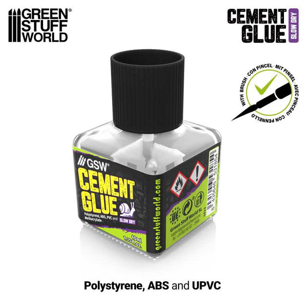 Green Stuff World Slow Cement Glue 40ml bottle with brush applicator – front view.