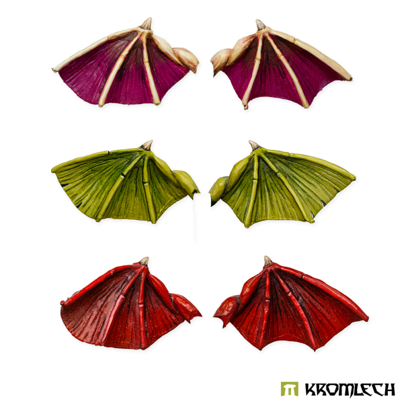 Kromlech Small Leathery Wings painted: three pairs in magenta, yellow-green and red, one of each pattern