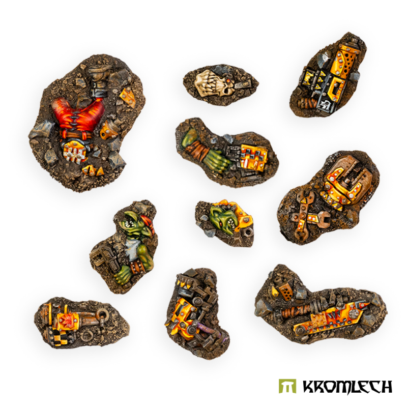 Kromlech Small Orc Casualties Basing Kit painted: ten small wreckage pieces with fallen orcs and scrap