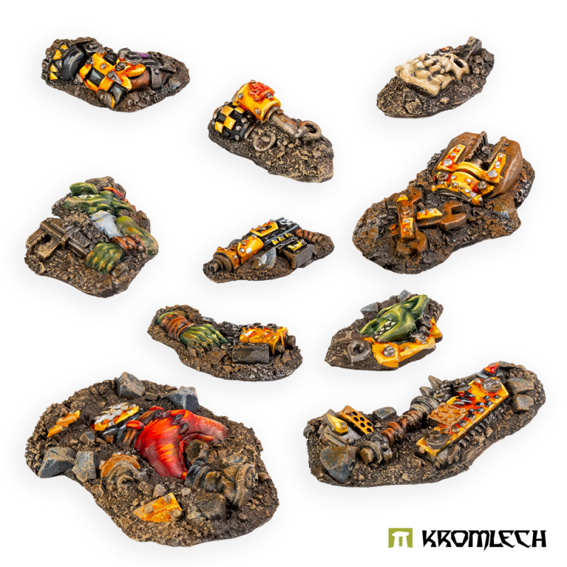 The ten painted pieces from a low angle, armour plates and torn scrap in yellow and red