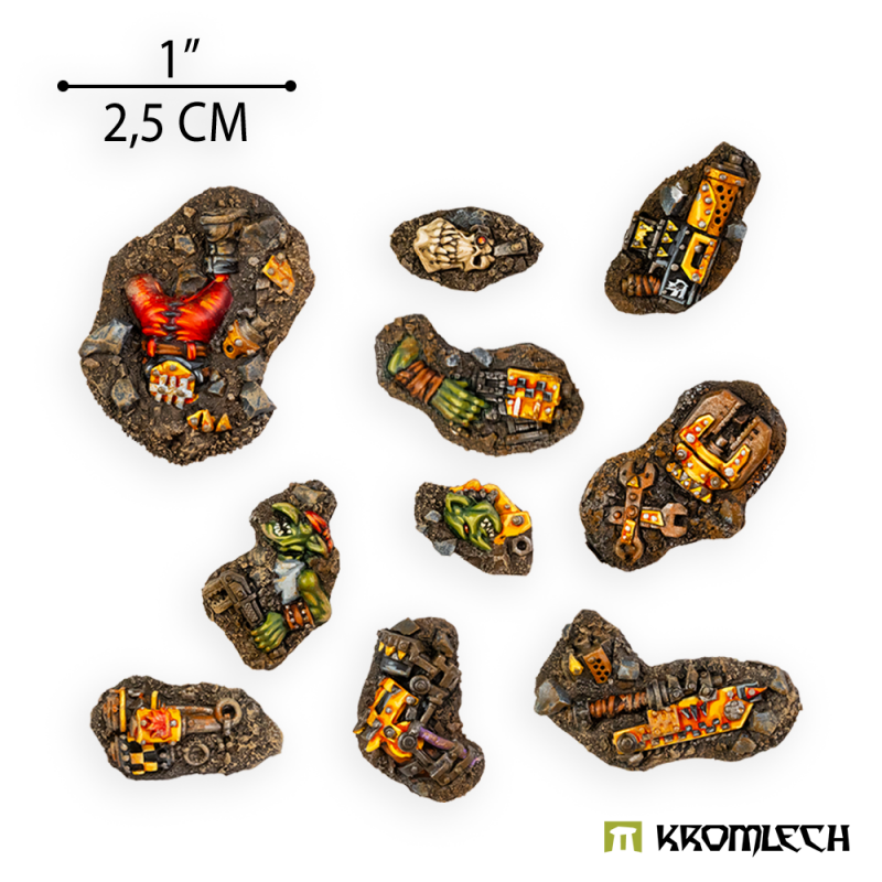 The painted pieces beside a 1 inch / 2.5 cm scale bar