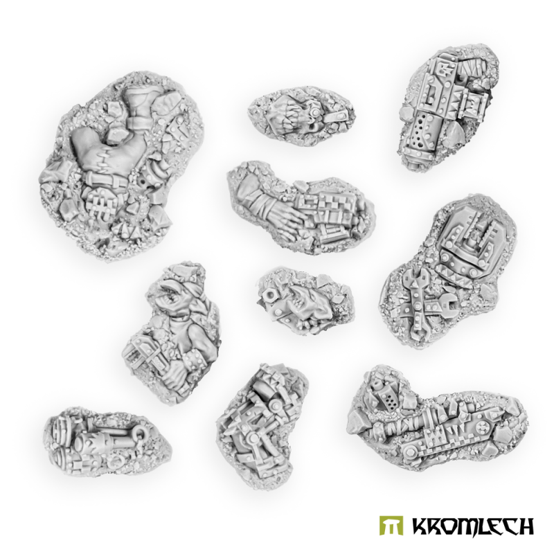 The ten unpainted resin pieces, each a different pattern