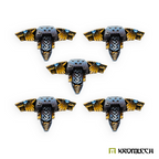 Kromlech Sons of Thor Backpacks painted: five packs with gold wolf-skull vents and a blue knotwork rune plate