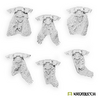 The six fur cloaks with backpacks in unpainted pale resin, each a different pattern