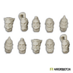 The ten heads in pale resin, off the sprue