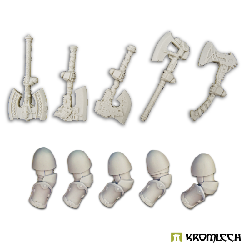 The five axes and five left arms laid out in pale resin