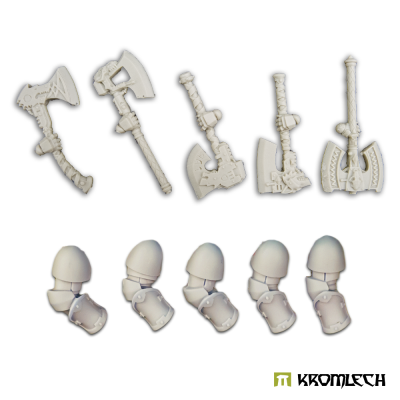 The five right-hand axes and their arms in pale resin, off the sprue