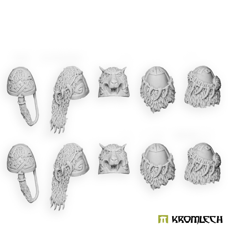 Kromlech Sons of Thor Shoulder Pads: all ten in pale resin, two of each of the five fur and wolf designs