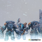 Example of use: three painted warriors in the snow seen from behind, wearing the backpacks; figures not included