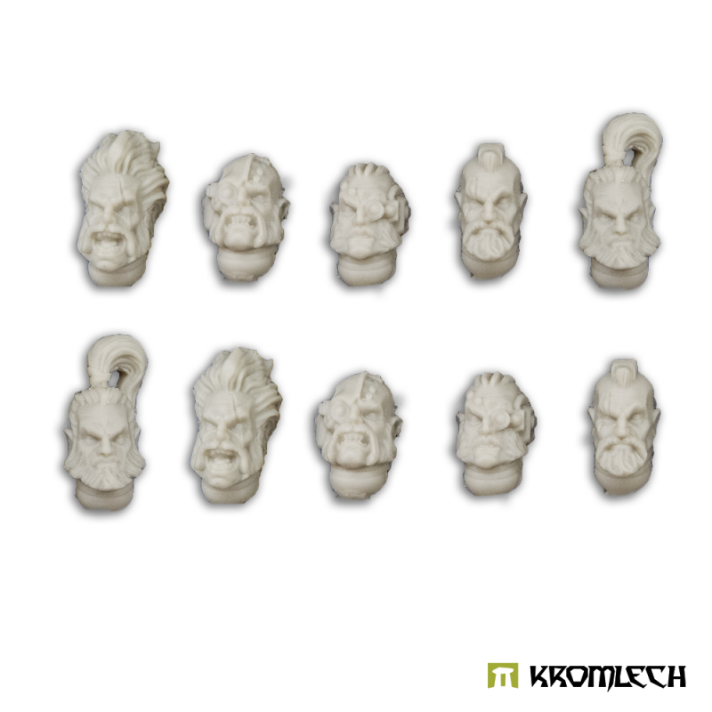 The ten veteran heads in pale resin, off the sprue