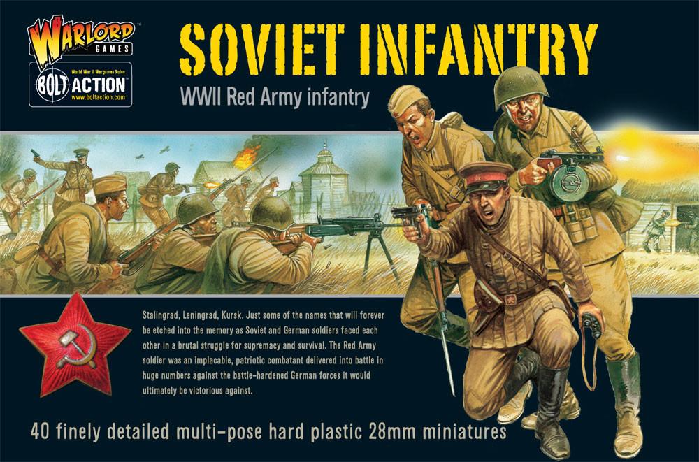 Soviet Infantry Plastic Box Set packaging featuring 40 miniatures for historical wargaming.