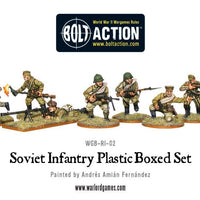 Assembled Soviet Infantry miniatures posed with rifles, submachine guns, and anti-tank weapons.