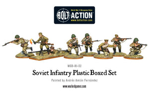 Assembled Soviet Infantry miniatures posed with rifles, submachine guns, and anti-tank weapons.