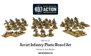 Painted Soviet Infantry miniatures in battle-ready formation, showcasing historical accuracy.