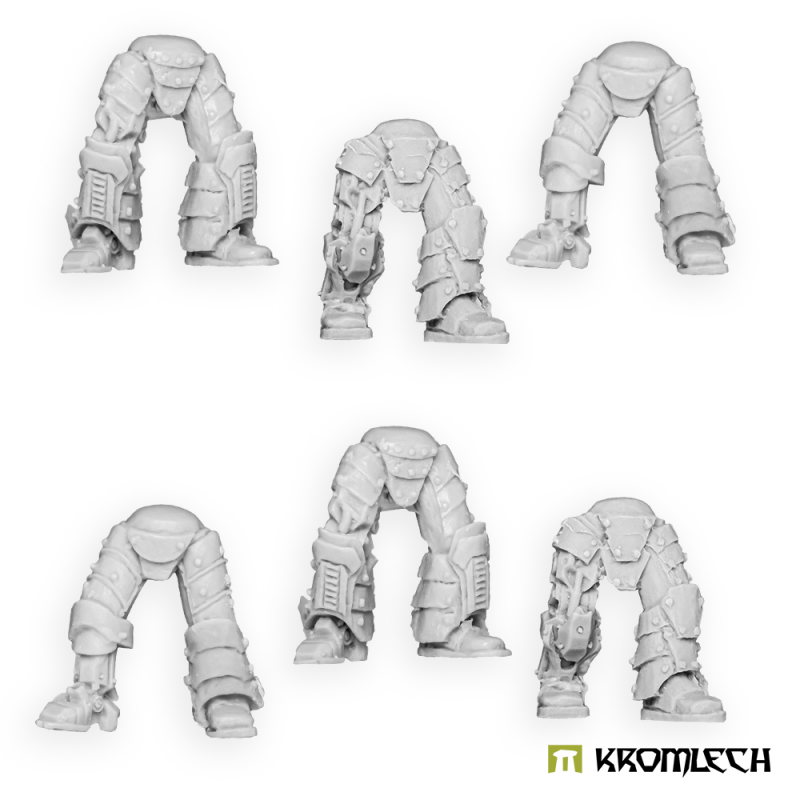 The six leg sets in unpainted resin, exposed pistons and joints showing on the bionic legs