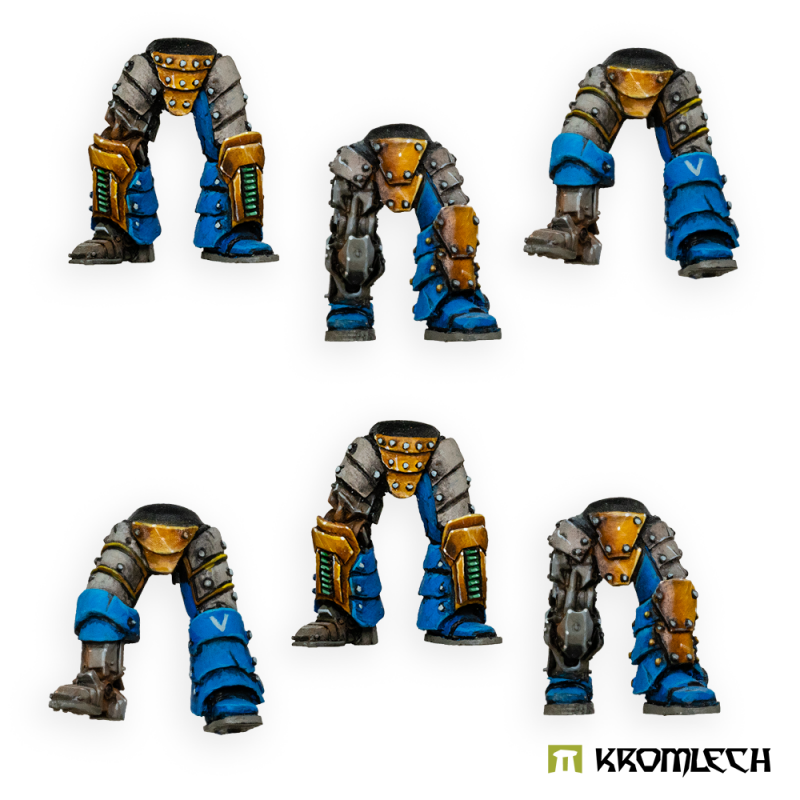 Kromlech Space Legionary Bionic Legs painted: six standing leg sets in blue, bronze and steel, three designs twice