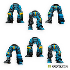 The six bionic leg sets in a second painted scheme, blue armour over black and steel mechanics