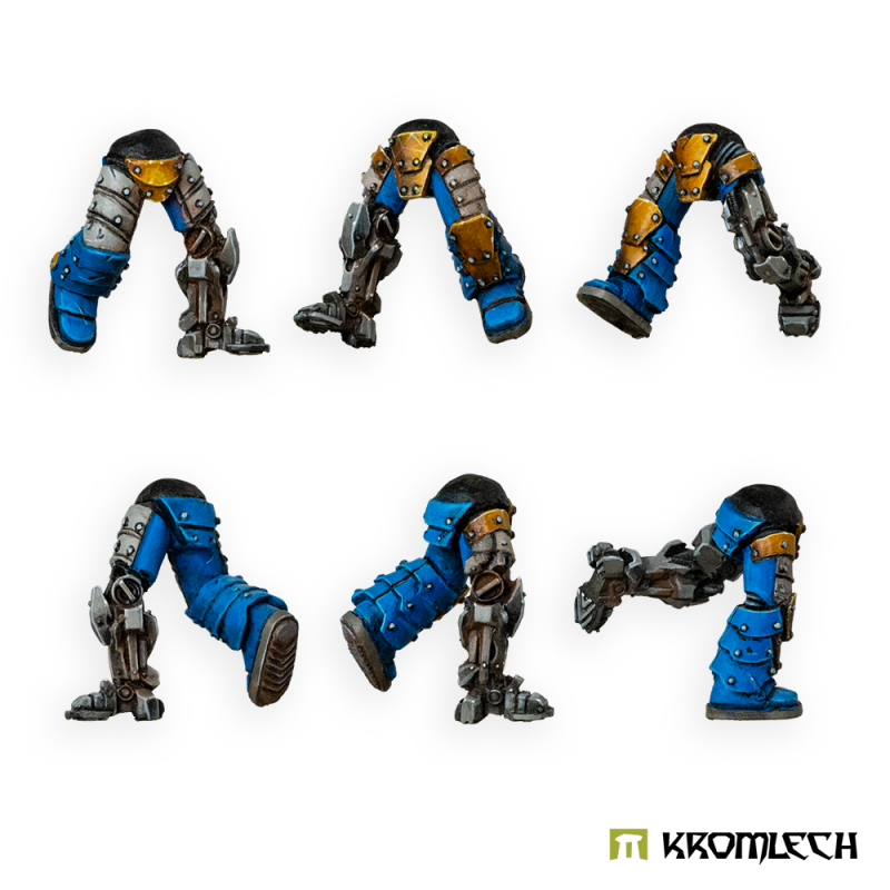 The six running leg sets painted, blue armour with bronze and steel mechanics