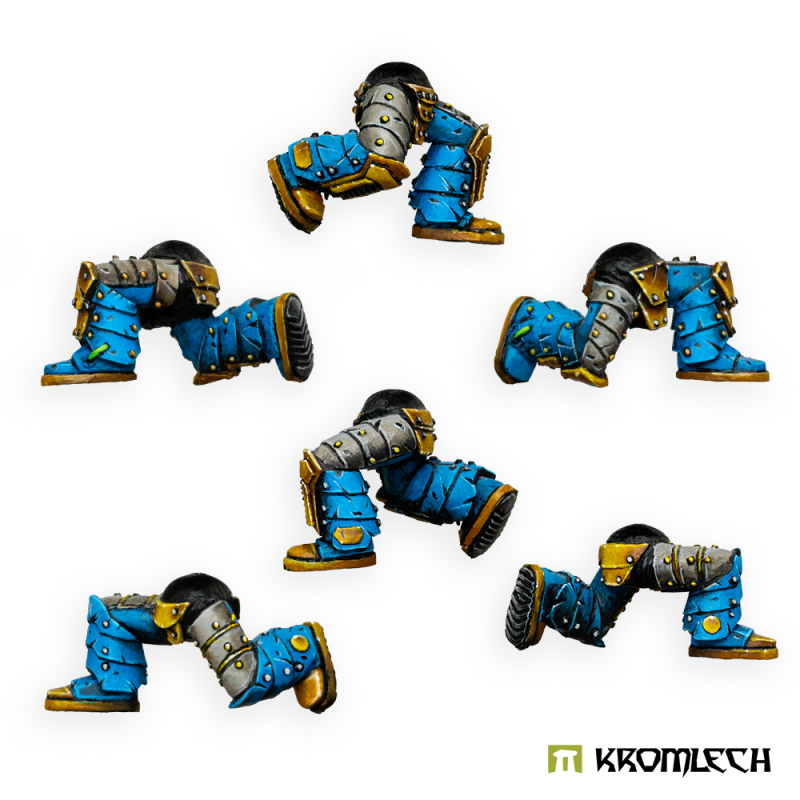 Kromlech Legionaries Kneeling Legs painted: six kneeling sets in blue armour with gold and steel plates
