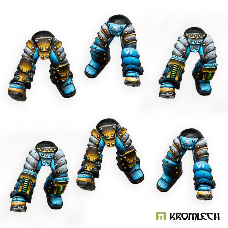 Kromlech Space Legionary Running Legs painted: six leg sets mid-stride in blue, bronze and steel, three designs twice