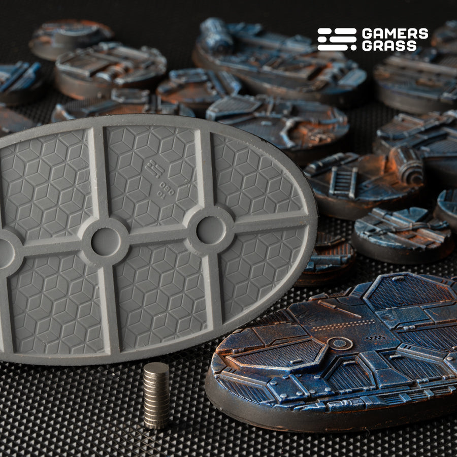 Close-up of 90mm oval Spaceship Corridor base showing comprehensive magnet system and structural support

