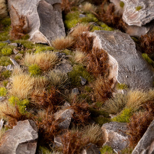 Dramatic diorama featuring Spikey Brown 12mm - Wild Tufts, showcasing realistic burned landscape with varied textures and heights