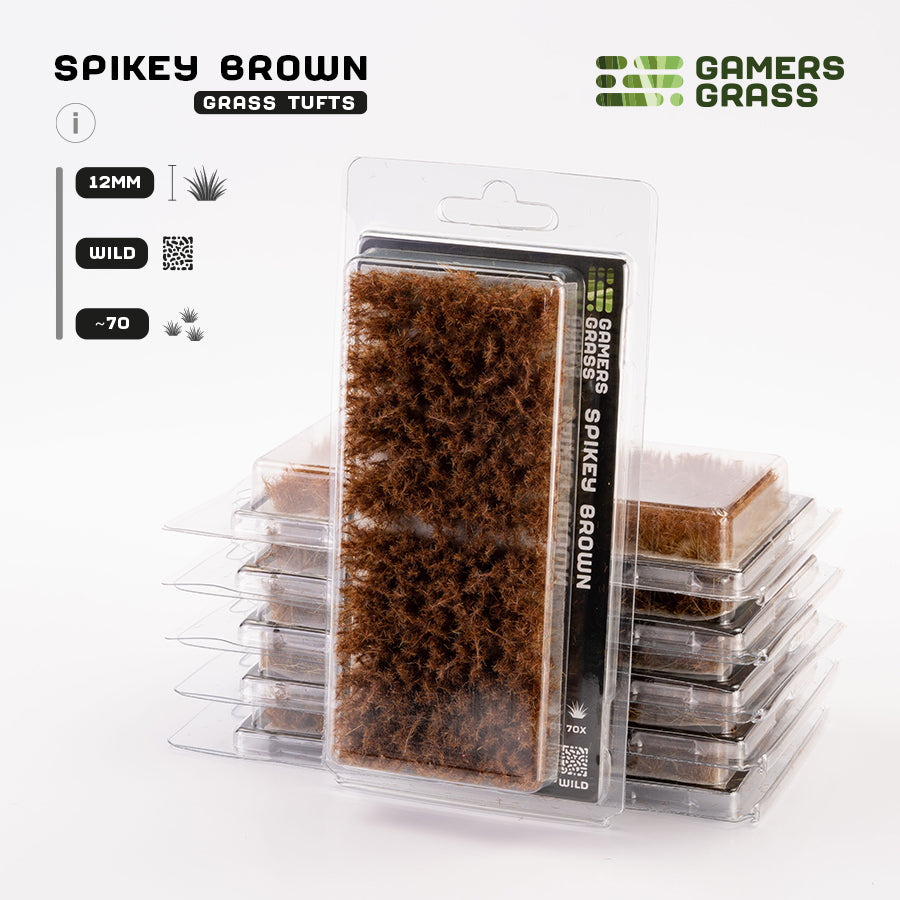 Gamers Grass Spikey Brown 12mm - Wild Tufts packaging, featuring dramatic dried and burned vegetation imagery