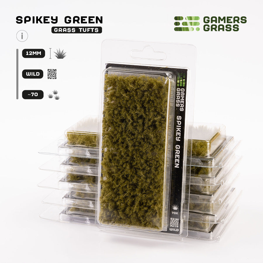 Gamers Grass Spikey Green 12mm - Wild Tufts packaging, showcasing vibrant green thorny shrub imagery