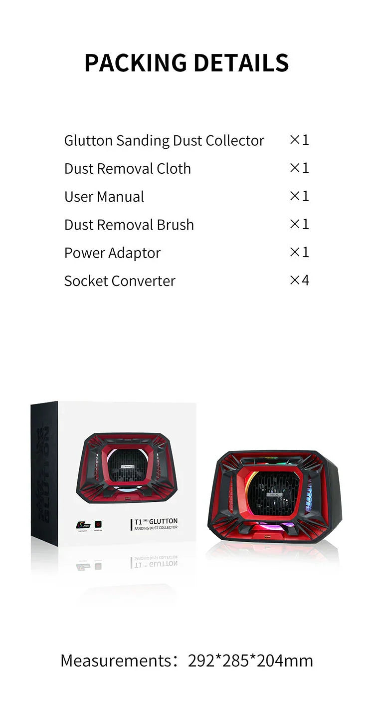 DSPIAE Packing Details: collector, dust cloth, user manual, dust brush, power adaptor and four socket converters