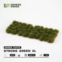 Sheet of 36 Strong Green XL 12mm - Wild XL Tufts, displaying various shapes of tall, intensely green grass tufts ready for creating lush terrain
