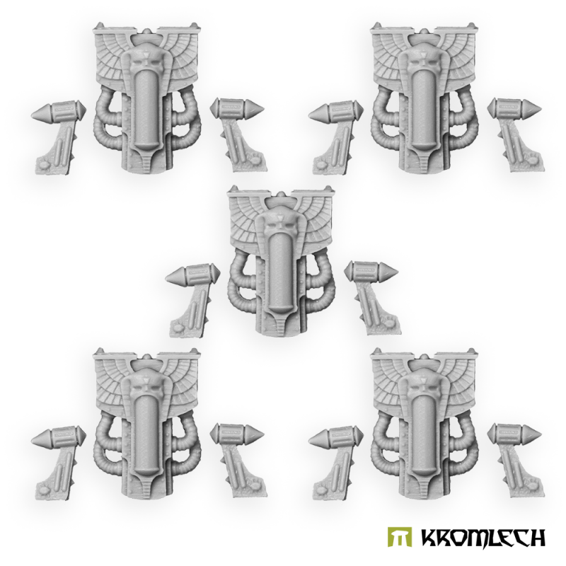 Kromlech Stygian Legionary Backpacks: five winged backpacks in pale resin, each with its two side pods