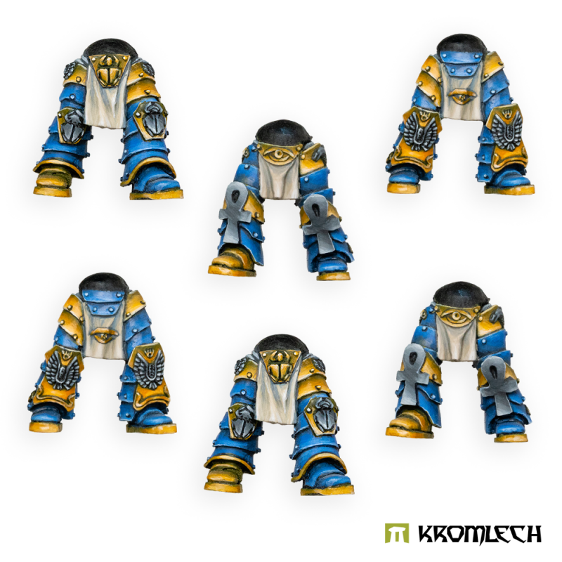 Kromlech Stygian Legs painted blue and gold: six pairs with scarab, ankh and winged knee plates