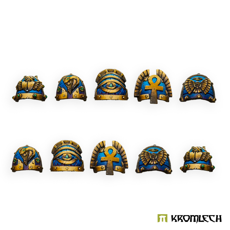 Kromlech Stygian Praetorian Shoulder Pads painted blue and gold: ten pads with scarab, cobra, eye, ankh and wing emblems