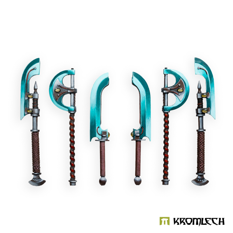 Kromlech Stygian Two Handed Weapons painted: six polearms, two each of a spiked axe, a half-moon axe and a curved blade