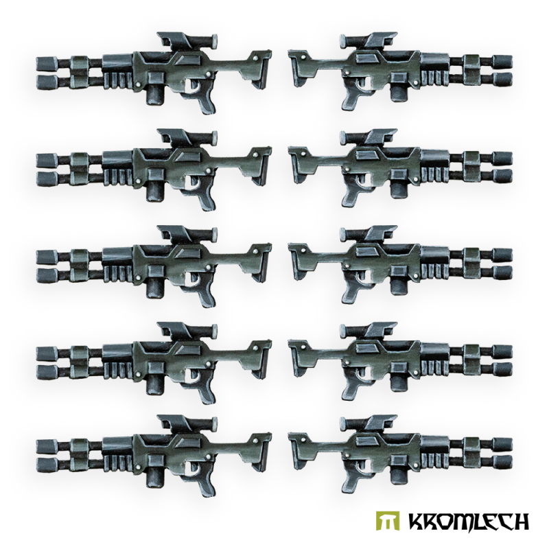 Kromlech Sunbeam Pattern Laser Rifles painted gunmetal: all ten twin-barrelled rifles in two rows