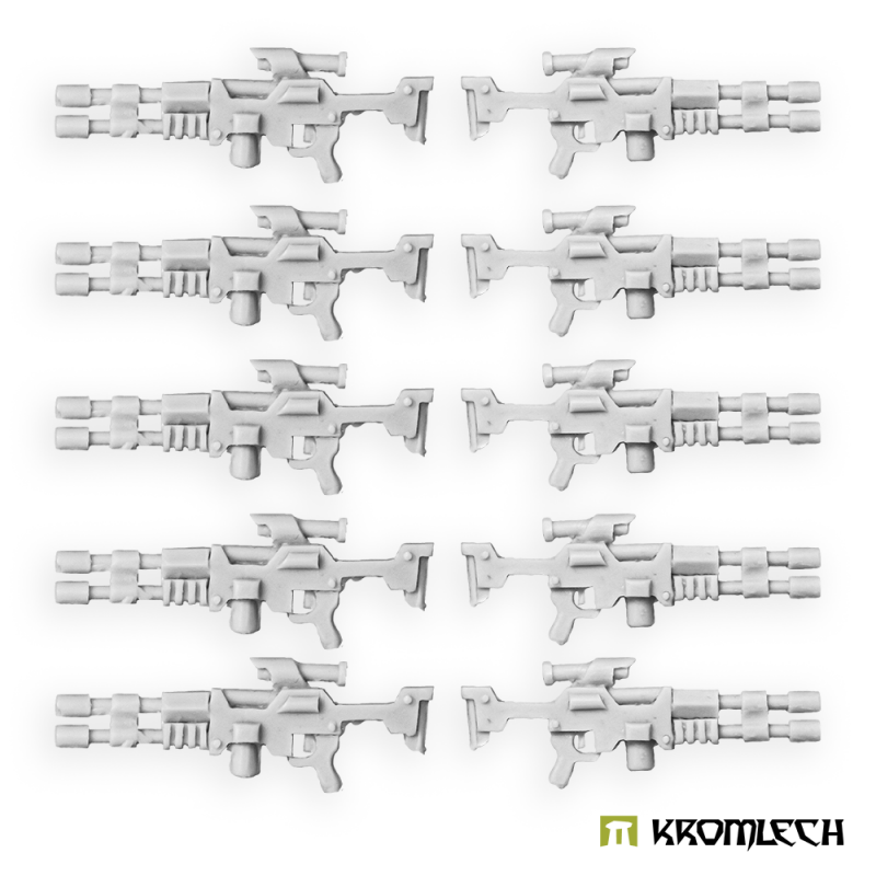 The ten Sunbeam laser rifles in pale resin