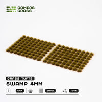 Sheet of 144 Swamp 4mm - Small Tufts, displaying various shapes and sizes of dual-toned grass tufts with green tips and darker bases, ready for wetland scenery
