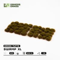 Sheet of 36 Swamp XL 8mm - Wild XL Tufts, displaying various shapes of tall, dual-toned grass tufts with green tips and darker bases
