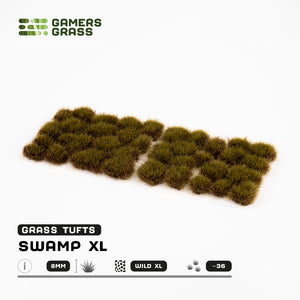 Sheet of 36 Swamp XL 8mm - Wild XL Tufts, displaying various shapes of tall, dual-toned grass tufts with green tips and darker bases