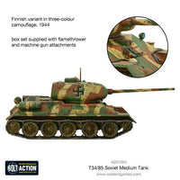 Fully assembled T-34/85 medium tank miniature, ready for tabletop battles
